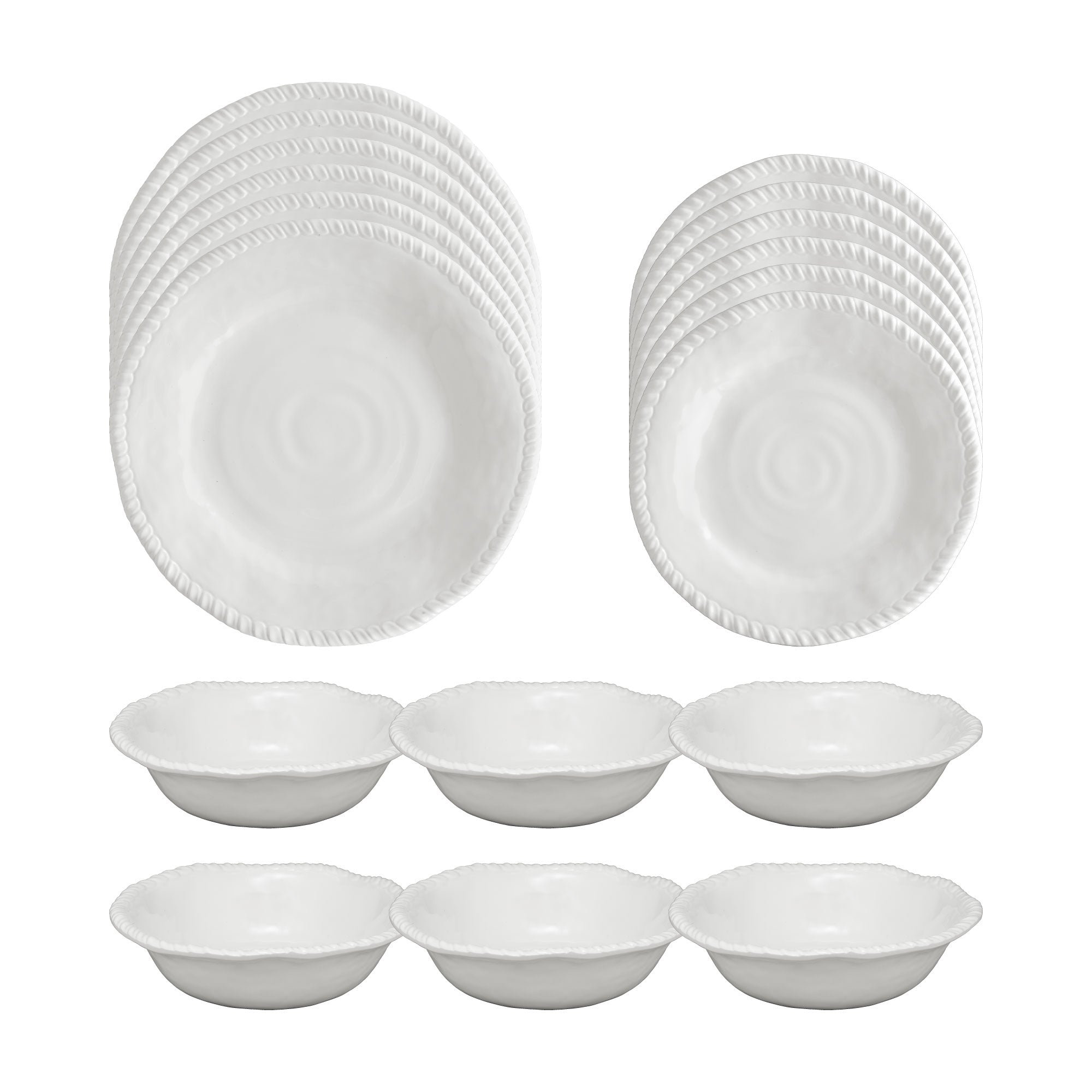 Sand Rope 18 Piece Melamine Dinnerware Set Plate and Bowl Set - Service for 6 - White